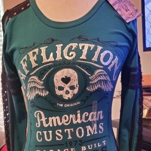 Affliction Women's T-shirt Green with black lace S
